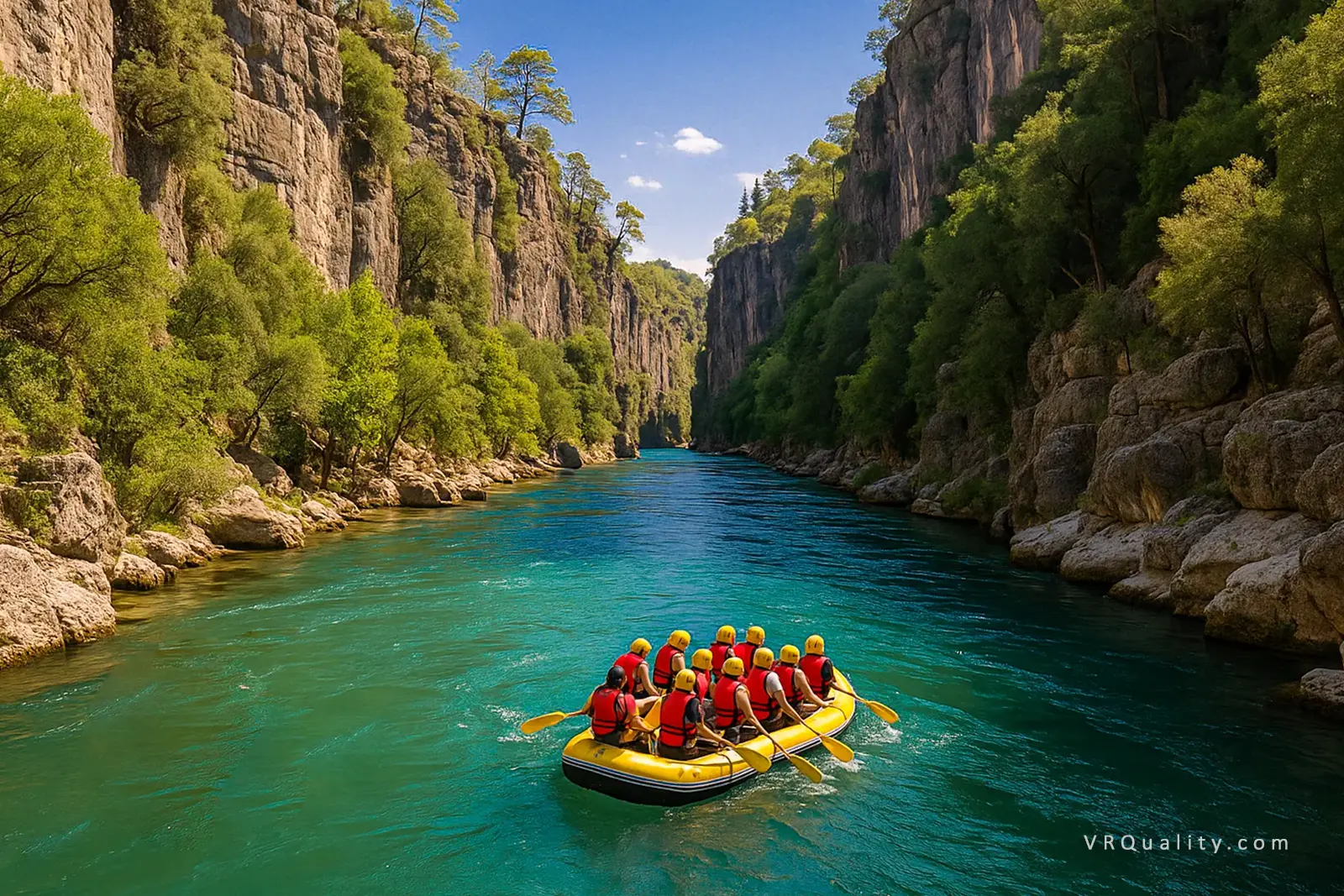 Рафтинг по реке в каньоне Кёпрюлю, горы и зелёные скалы