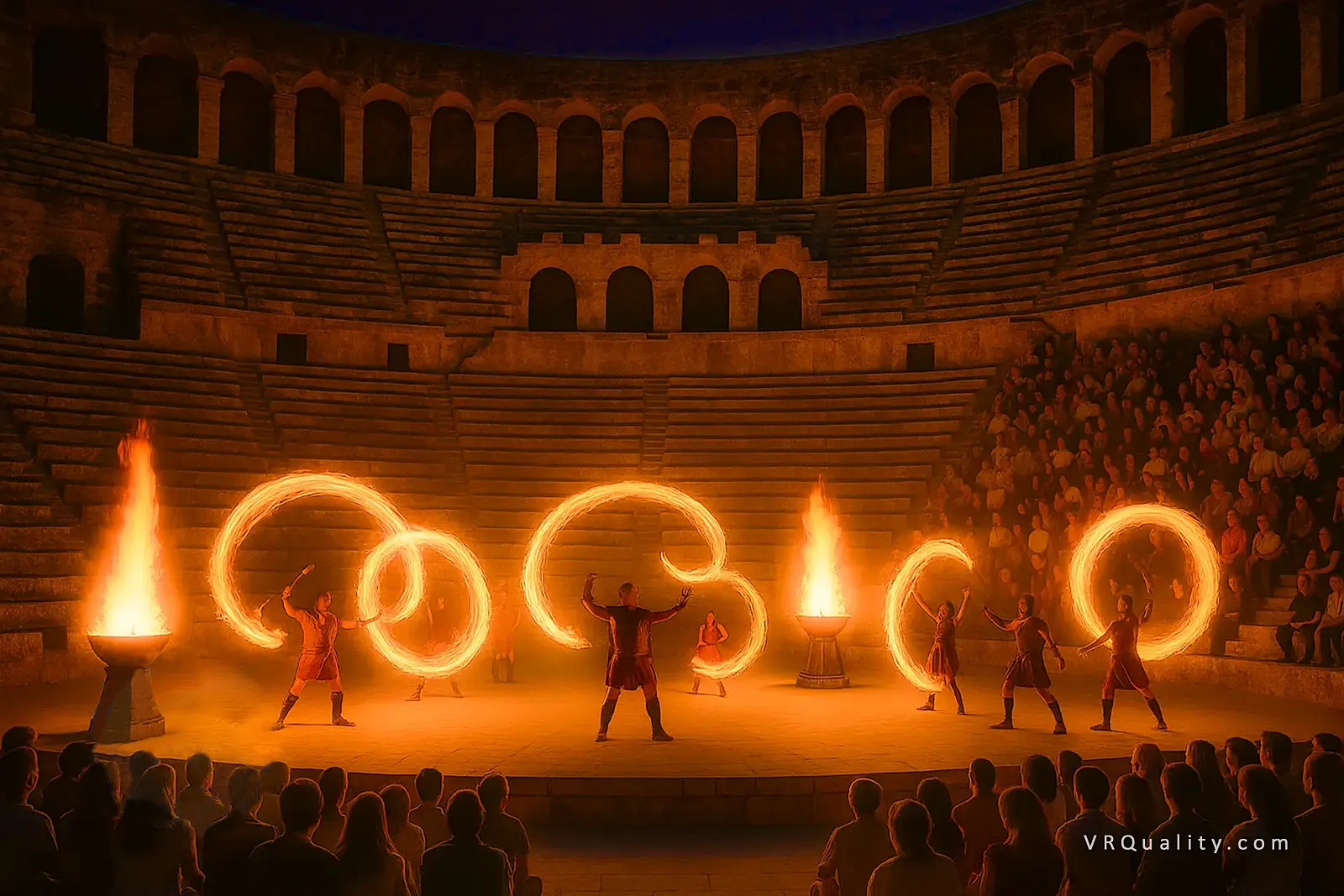 Фаер-шоу в античном театре Аспендос, артисты с огненными кругами вечером