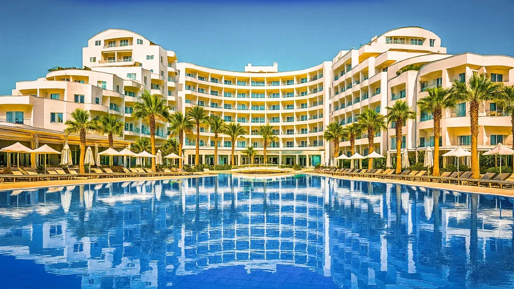 Белый полукруглый отель в Кушадасы, высокий пальмовый ряд и бирюзовый бассейн с зеркальным отражением.