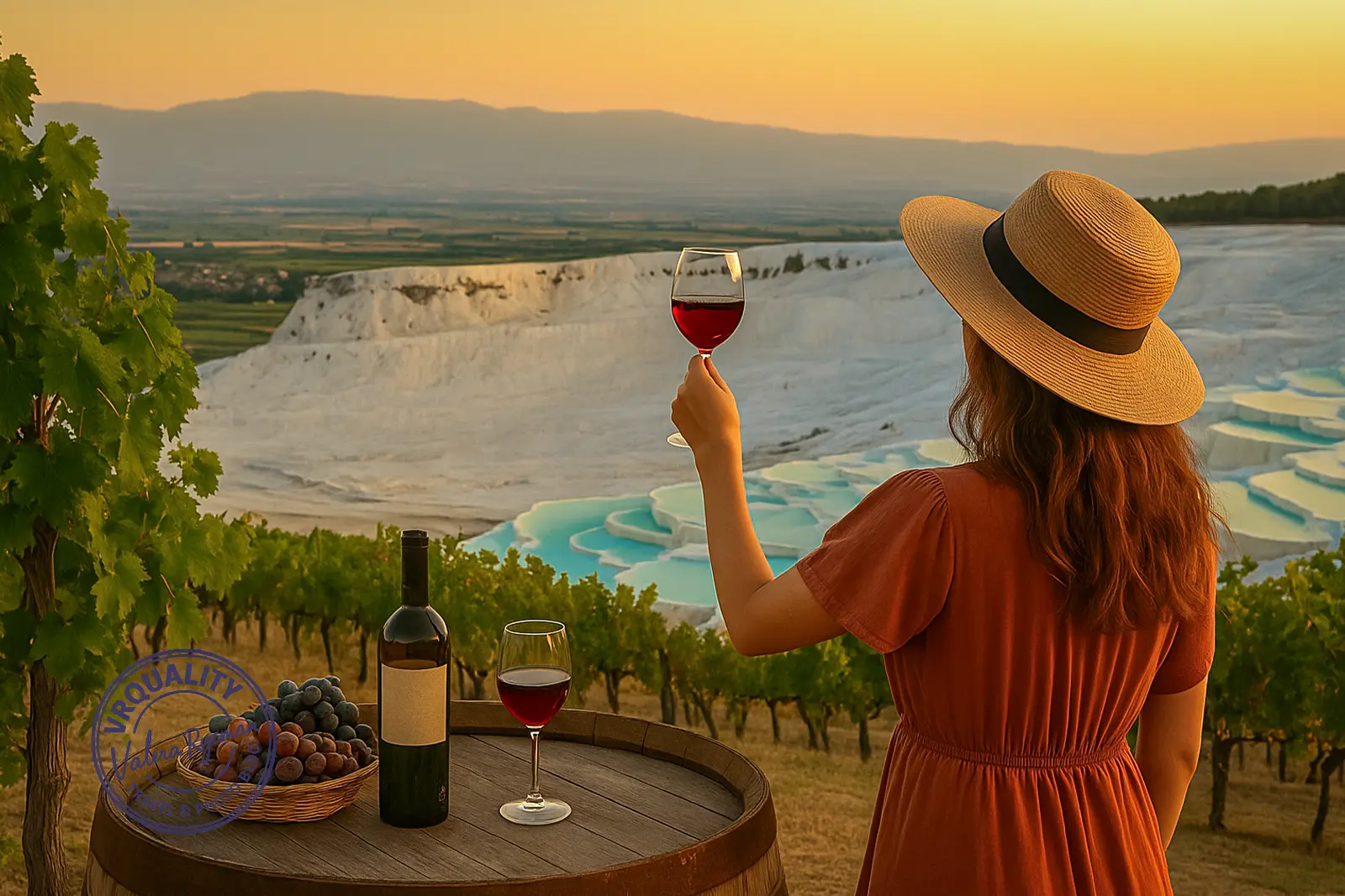 Винный тур в Памуккале — женщина с бокалом красного вина на фоне белых террас и виноградников