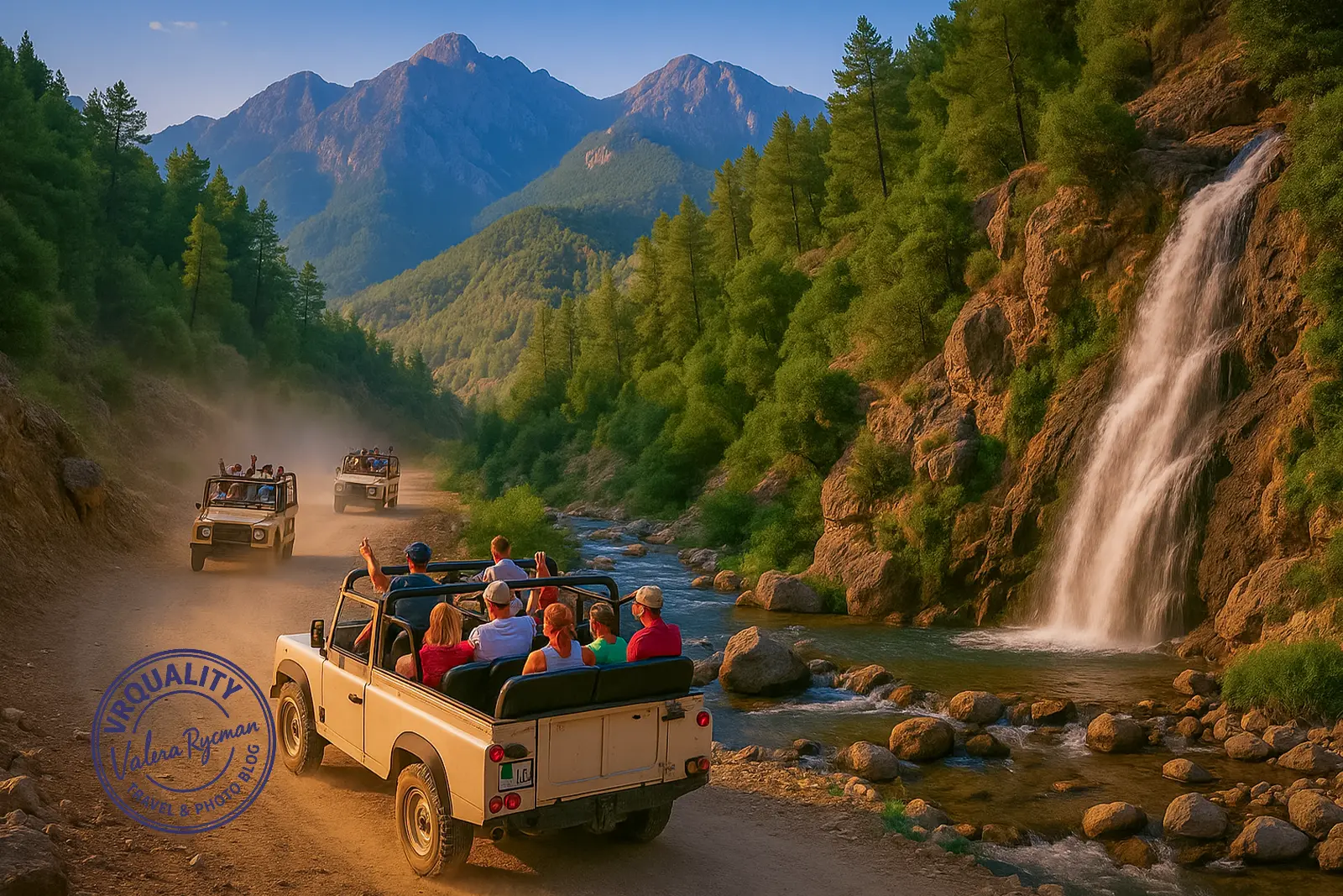 Джип-сафари в горах Таурус — колонна внедорожников на фоне гор, водопадов и зелёных долин