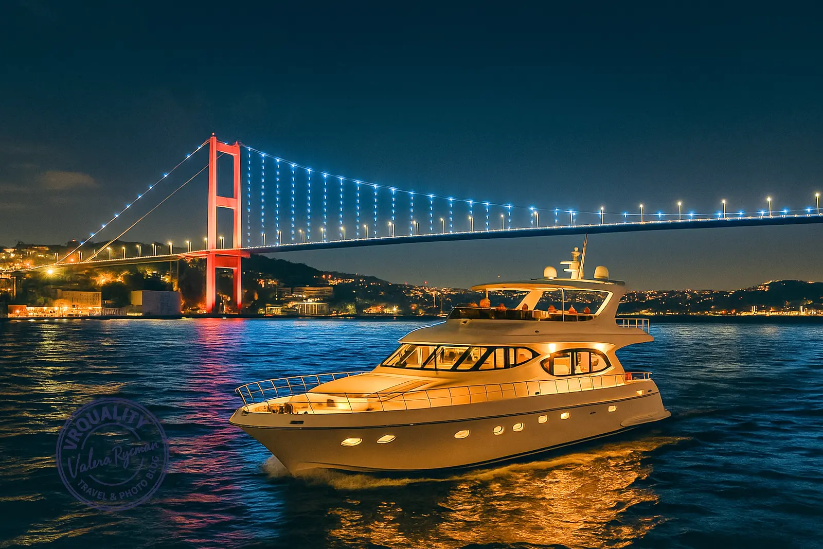 Ночная прогулка по Босфору — яхта на фоне освещённого моста