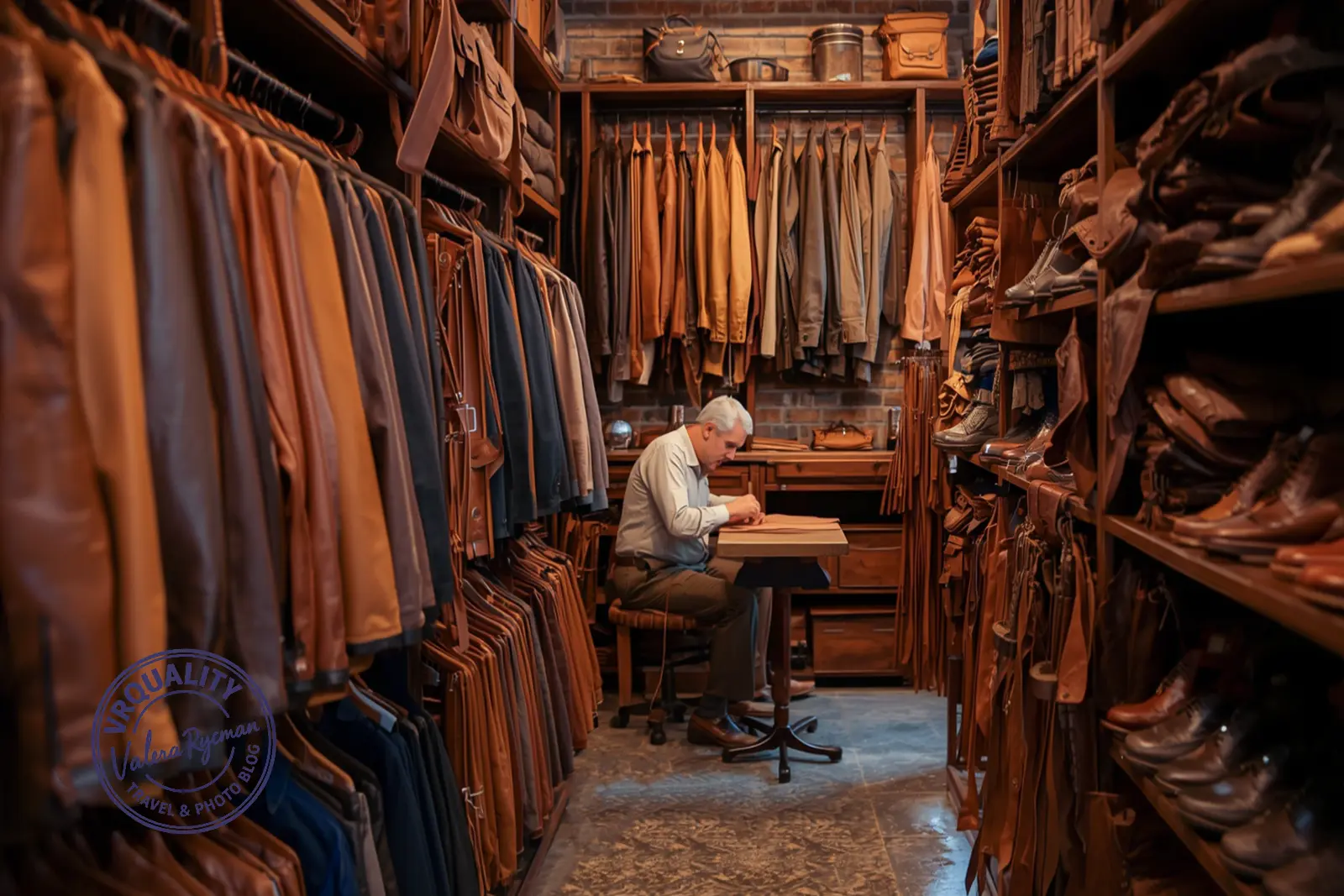 Мастер по коже работает в магазине с куртками, сумками и обувью ручной работы