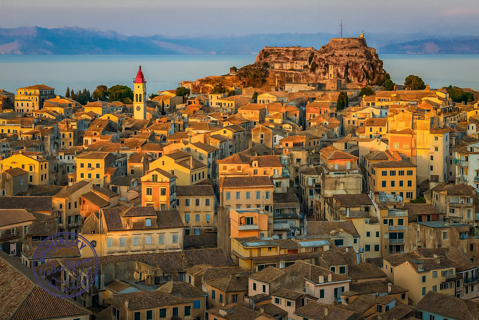 Панорама старого города Корфу в лучах заката у моря.