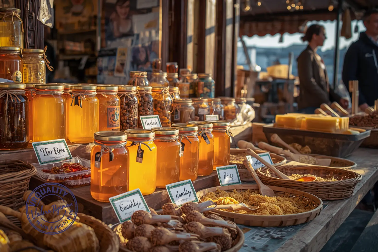 Банки мёда и пчелиные продукты на солнечном рынке Турции