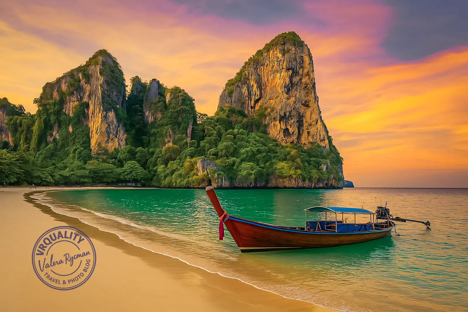 Острова Пхи-Пхи закат и традиционная лодка на пляже