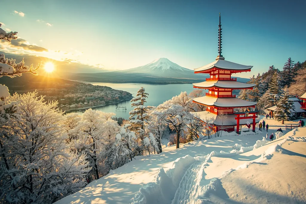 Пагода и гора Фудзи зимой на рассвете в Японии