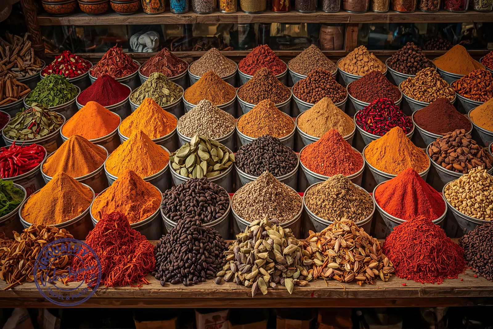 Яркие горки специй и трав на восточном рынке