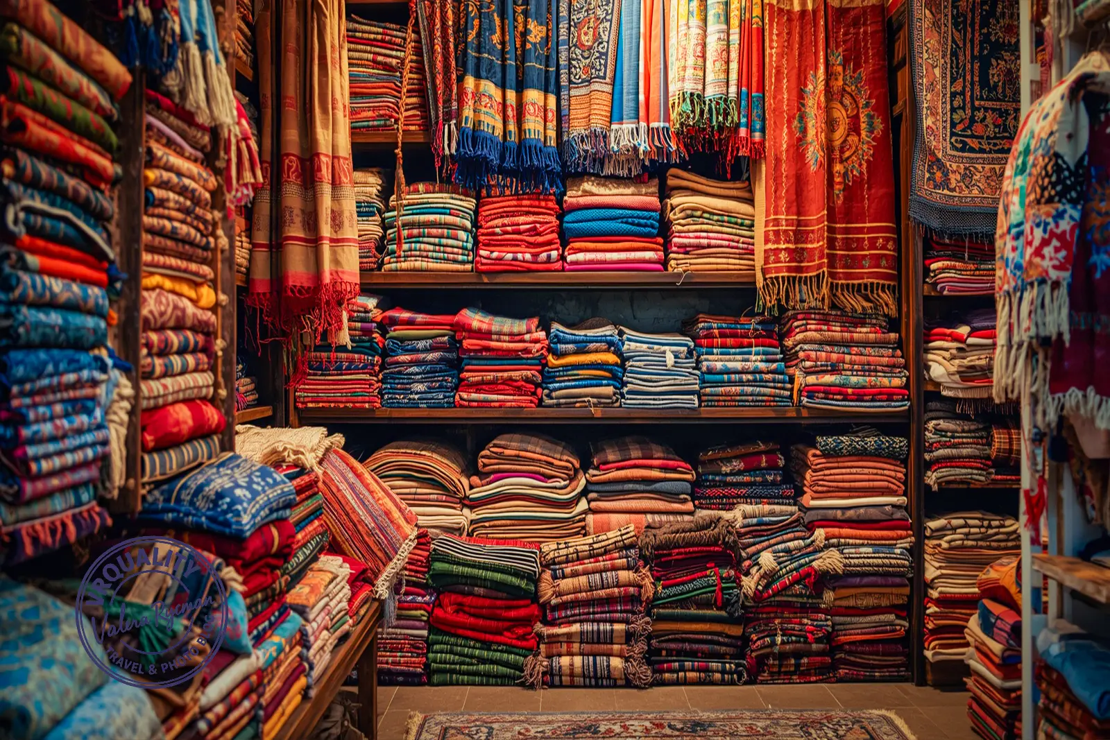 Полки с яркими тканями и коврами на рынке Турции