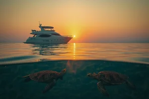 Морские черепахи под водой и яхта на рассвете в Египте